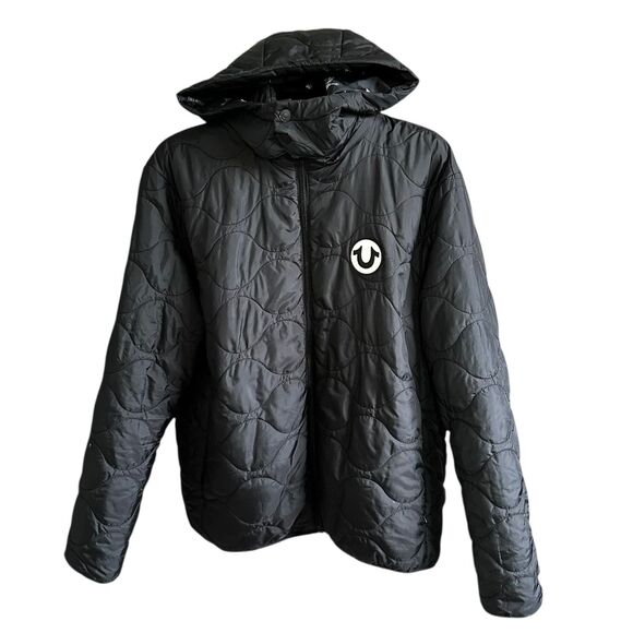 True Religion Black Quilted Puffer Jacket Removable Hoodie Men's Size XL | 21-1 - Picture 1 of 8